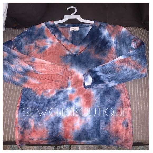 Tie Dye Waffle V-Neck Knit Top w Balloon Slvs - Picture 7 of 8